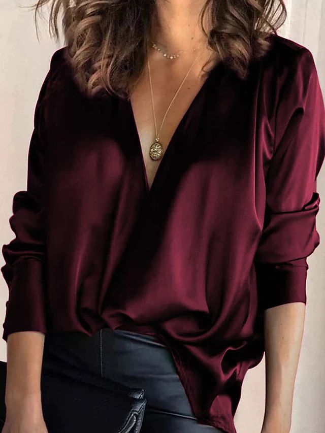 Women's Shirt Blouse Black Wine Blue Plain Sexy Long Sleeve Work Daily Basic Casual V Neck Regular S 2023 - BHD 9.19 Blouse Size Chart, Satin Bluse, Draped Blouse, Satin Long Sleeve, Elegant Shirt, Pullover Shirt, Chiffon Blouse, V Neck Blouse, V Neck Tops