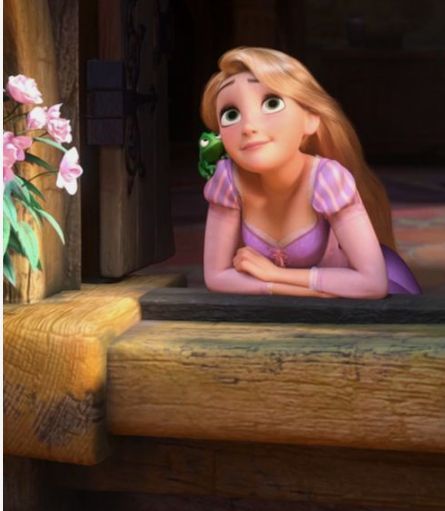 the princess from tangled in time looking out her window with flowers on either side and behind her