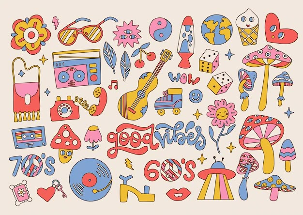 an assortment of colorful doodled objects on a white background