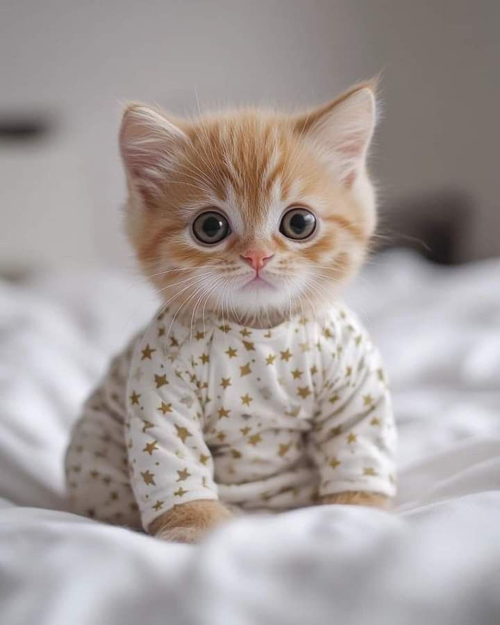 a small orange kitten sitting on top of a bed wearing a white shirt with gold stars