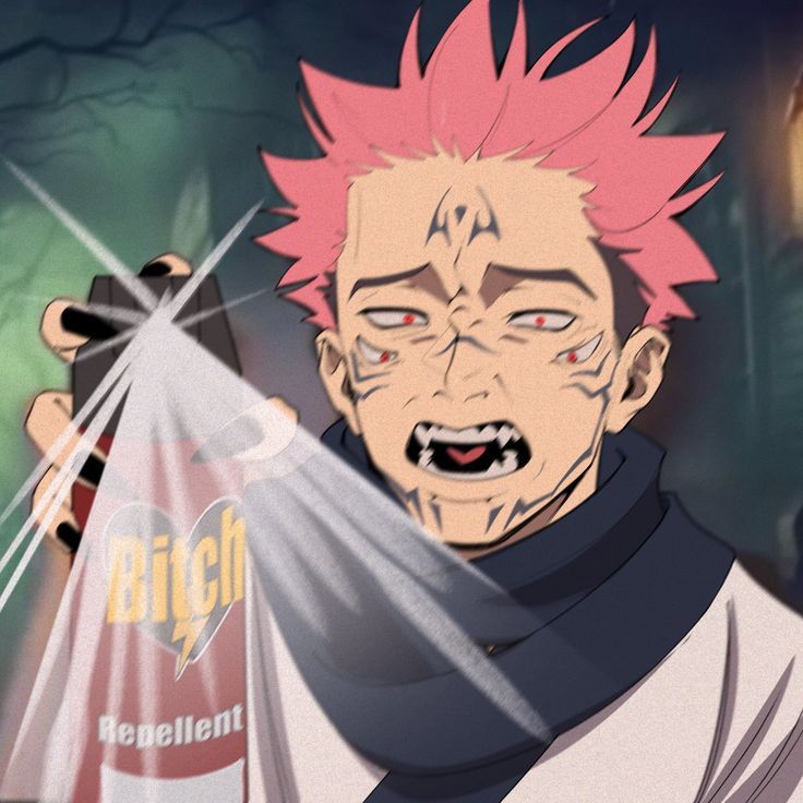 an anime character with pink hair holding a bottle in front of him and looking at the camera