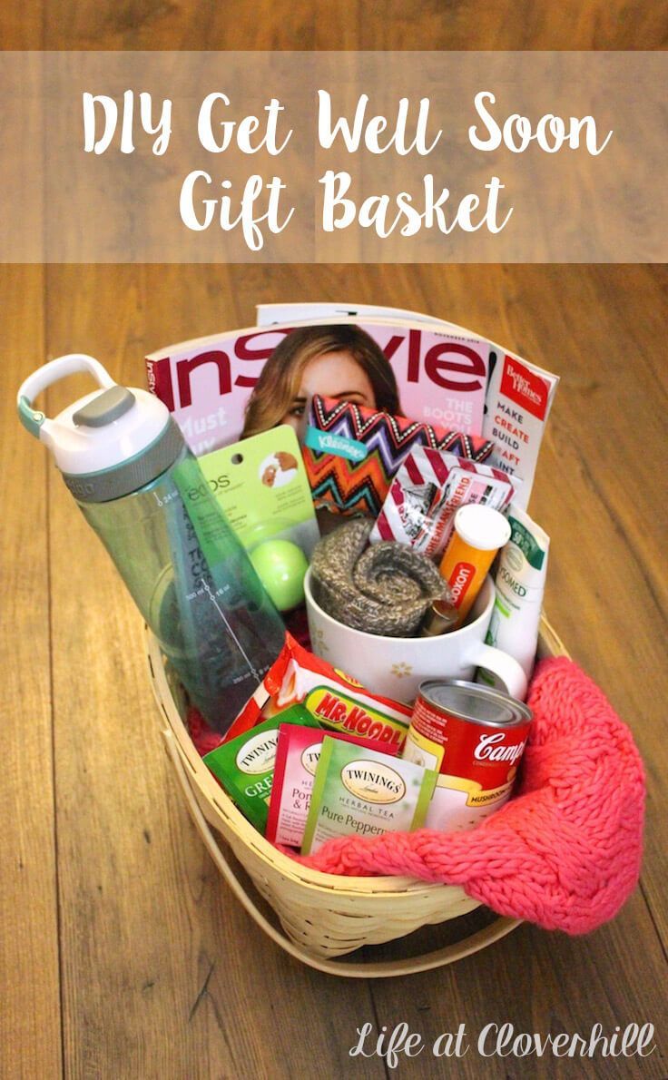 a basket filled with lots of different items on top of a wooden floor and text overlay that reads diy get well soon gift basket