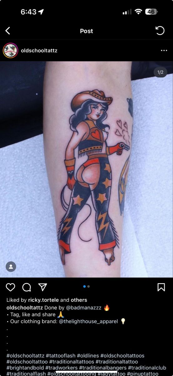 Traditional Tattoo Pin Up, Chest Tattoo Lettering, American Traditional Sleeve, Dancer Tattoo, Old School Ink, Backpiece Tattoo, Cowgirl Tattoos, Traditional Tattoo Old School, Pin Up Girl Tattoo