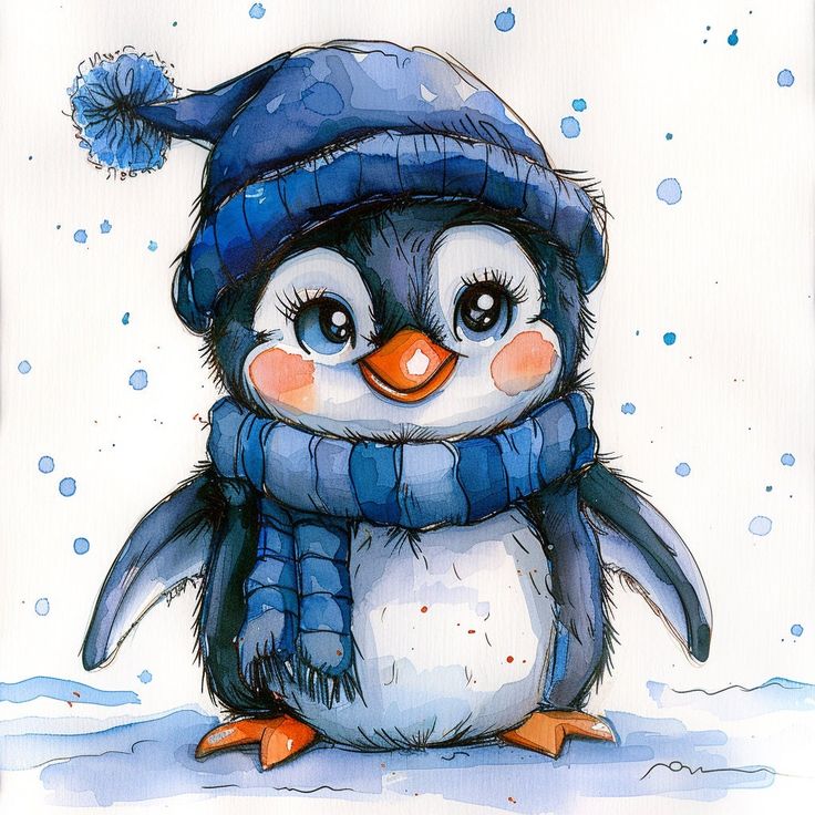 a watercolor painting of a penguin wearing a blue hat and scarf, standing in the snow