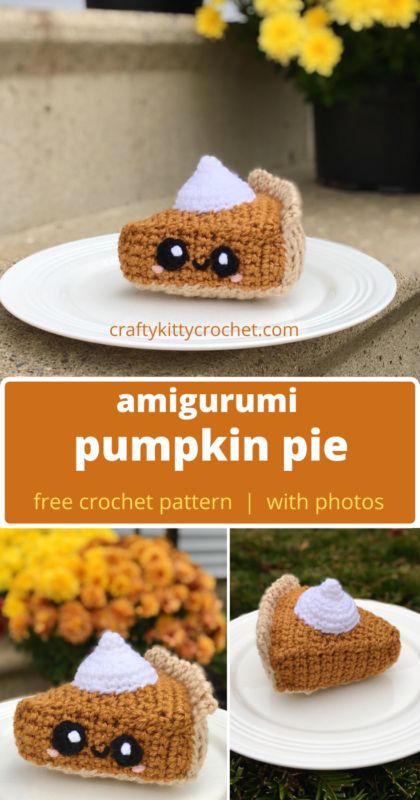 an amigurmi pumpkin pie on a plate with flowers in the background