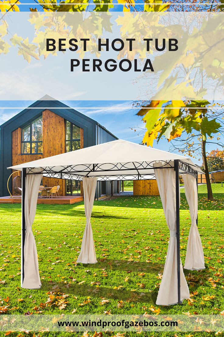 a white tent with the words best hot tub pergola in front of it