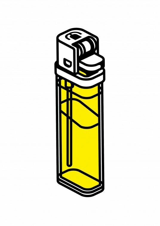 a yellow lighter with a straw sticking out of it's top, on a white background