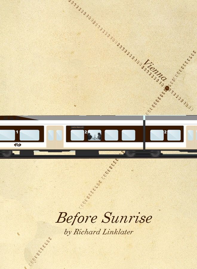 the cover of before sunrise by richard linkator, with an image of a train on it's side