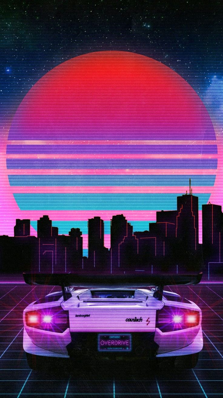 the back end of a white car in front of a city skyline with neon lights