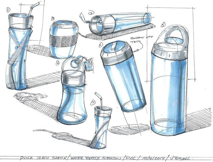 a pencil drawing of various items that are in the process of being used to make a water bottle