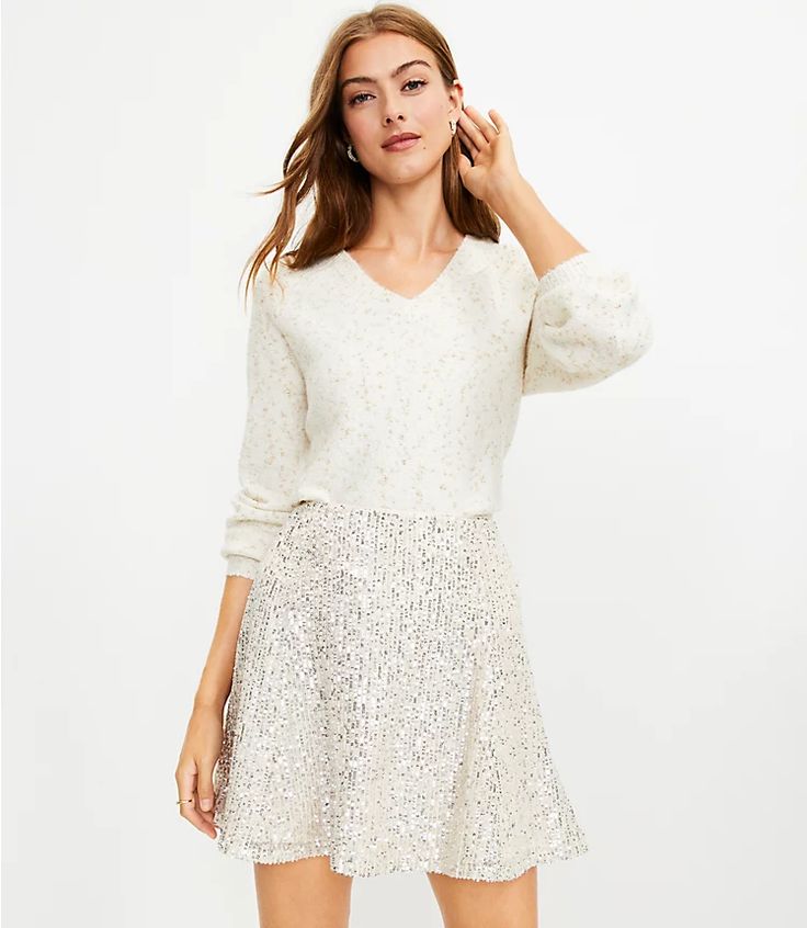 Petite Sequin Skirt | LOFT Dressy Fashion, New Accessories, Fall Winter Wardrobe, Silver Sparkle, Women's Skirts, Trendy Clothes For Women, Cute Skirts, Flare Skirt, Effortless Style