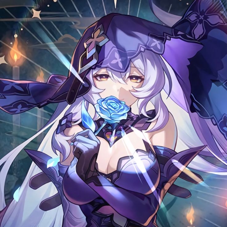 an anime character is holding a rose in her hand and looking at the camera while wearing purple