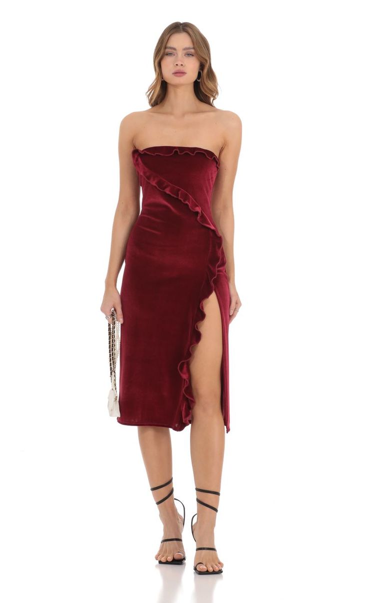 Ruffle Velvet Strapless Midi Dress in Maroon | LUCY IN THE SKY Maroon Velvet Dress, Maroon Midi Dress, Lucy In The Sky, Strapless Midi Dress, Valentine's Day Outfit, Night Outfits, Velvet Dress, Satin Fabric, Date Night Outfit