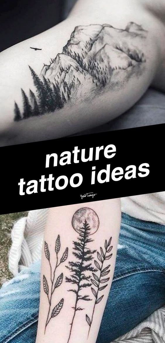 a man with tattoos on his arm and the words nature tattoo ideas above it are two images