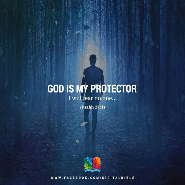 a man walking through the woods with a bible quote on it that says god is my protector