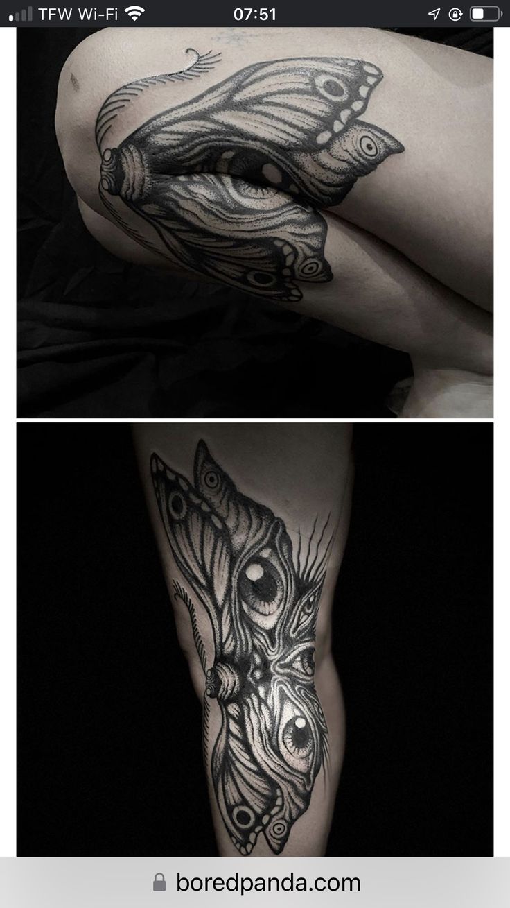 some tattoos that are on the side of a person's leg and one has a butterfly