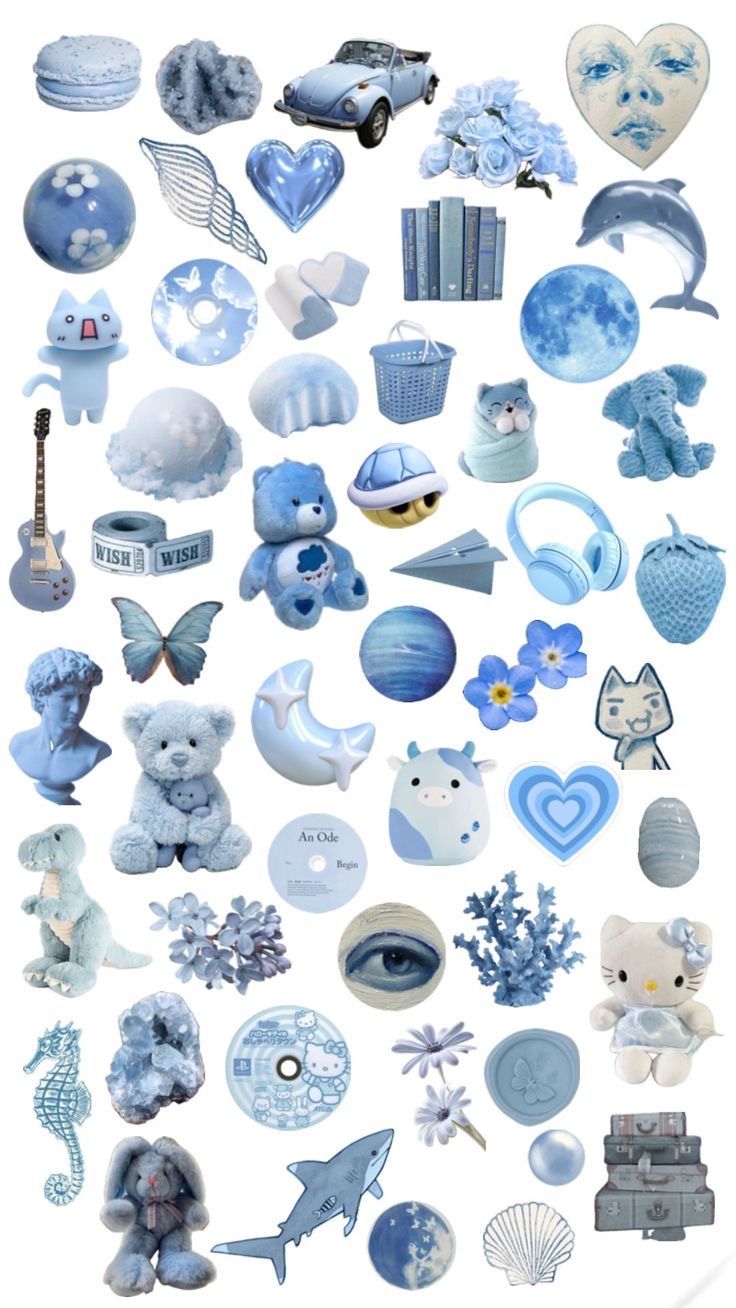 a bunch of different blue and white items