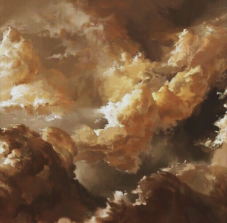 a painting of clouds in the sky with yellow and brown colors on it's sides