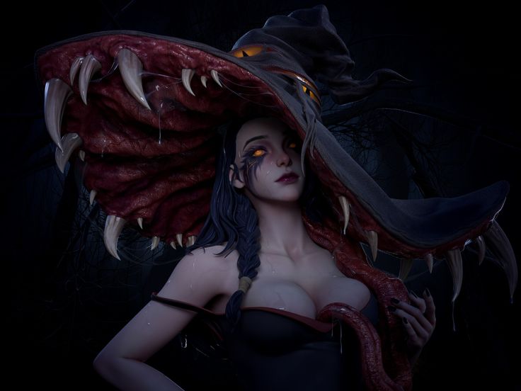 a woman wearing a large hat with fangs on it's head and an enormous snake crawling out of her mouth