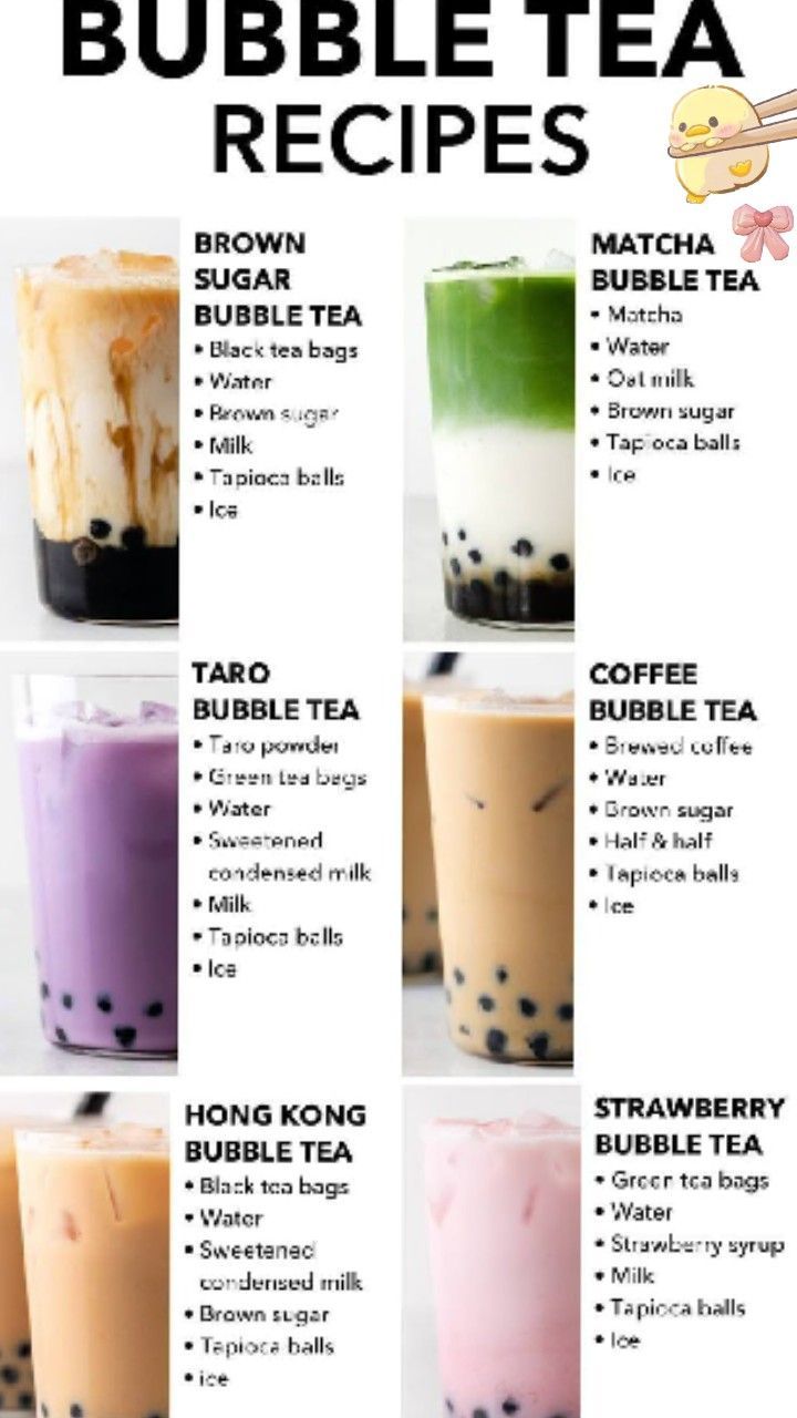 the bubble tea recipe is shown with different types of drinks in each cup and on top of