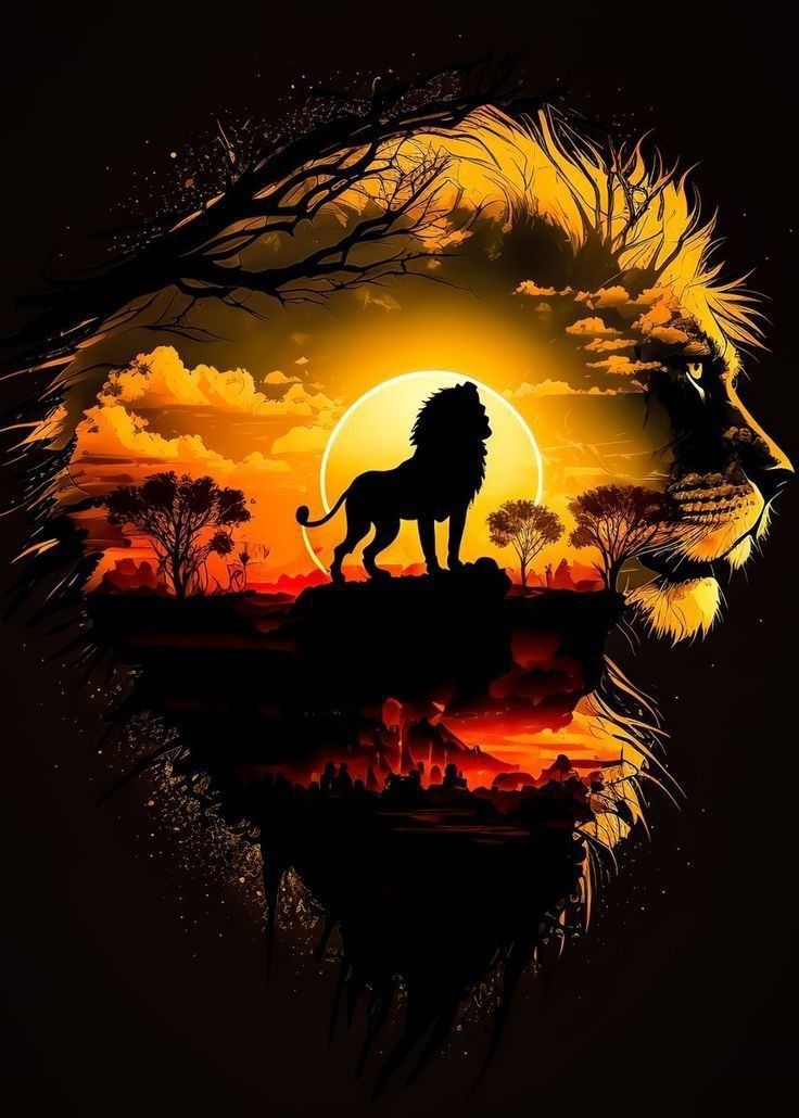 a lion standing on top of a hill in front of a sunset with clouds and trees