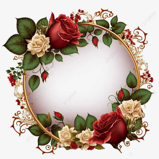 an oval frame with roses and leaves on it