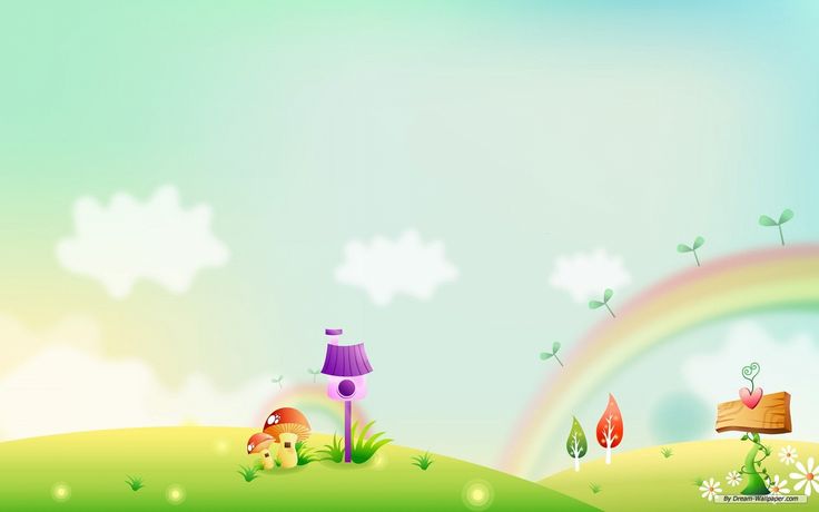 a cartoon scene with a rainbow in the sky and mushrooms on the ground, trees, flowers and houses