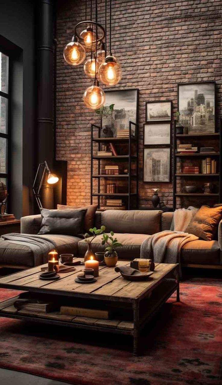 a living room filled with furniture and lots of lights hanging from the ceiling next to a brick wall