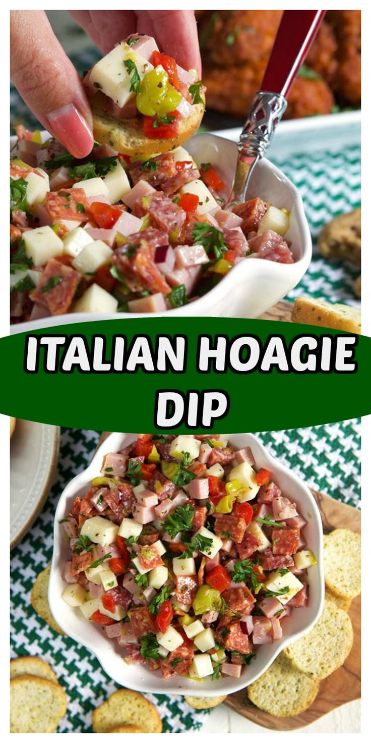 a collage of different types of appetizers with text overlay that reads italian hoagie dip