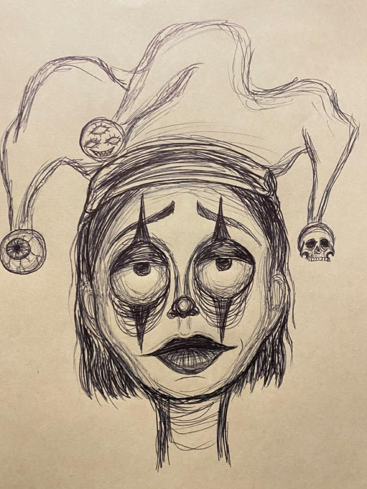 a drawing of a creepy clown's face with evil eyes and headdress