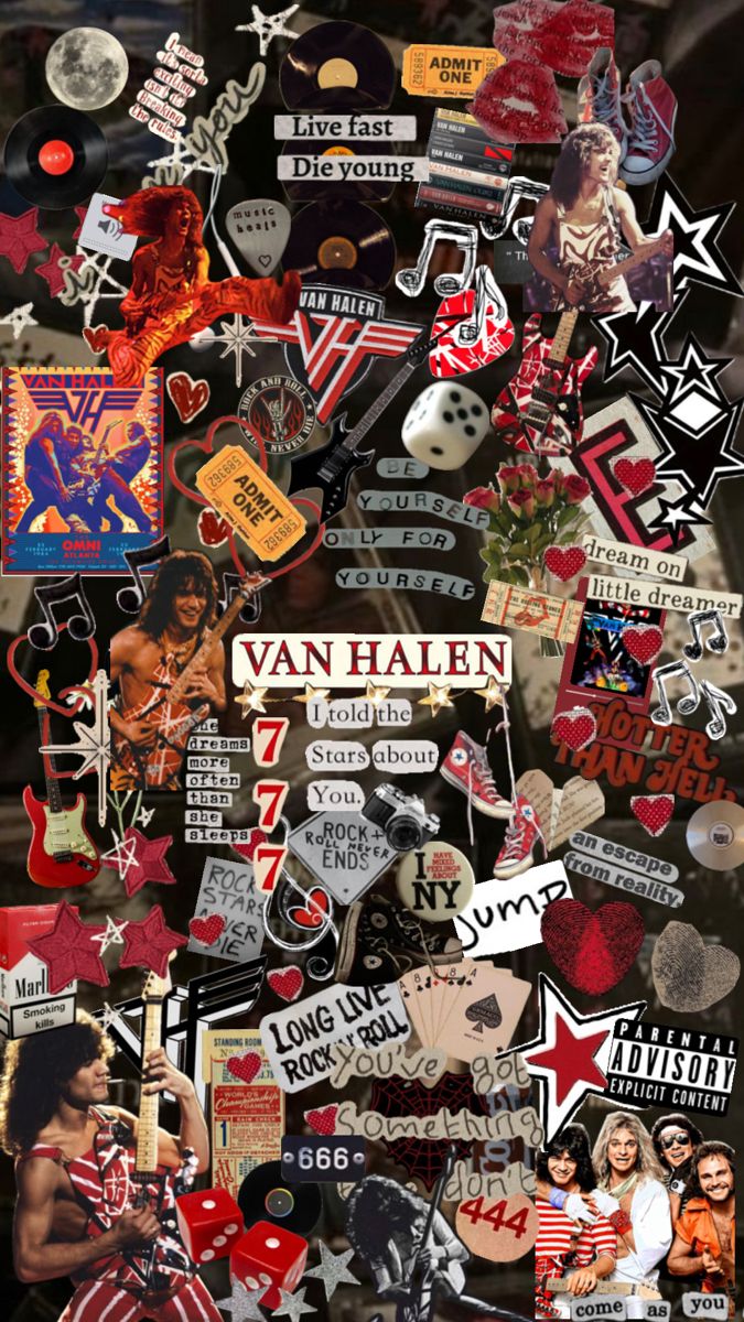 a collage of various stickers and decals on a black background with the words van halen