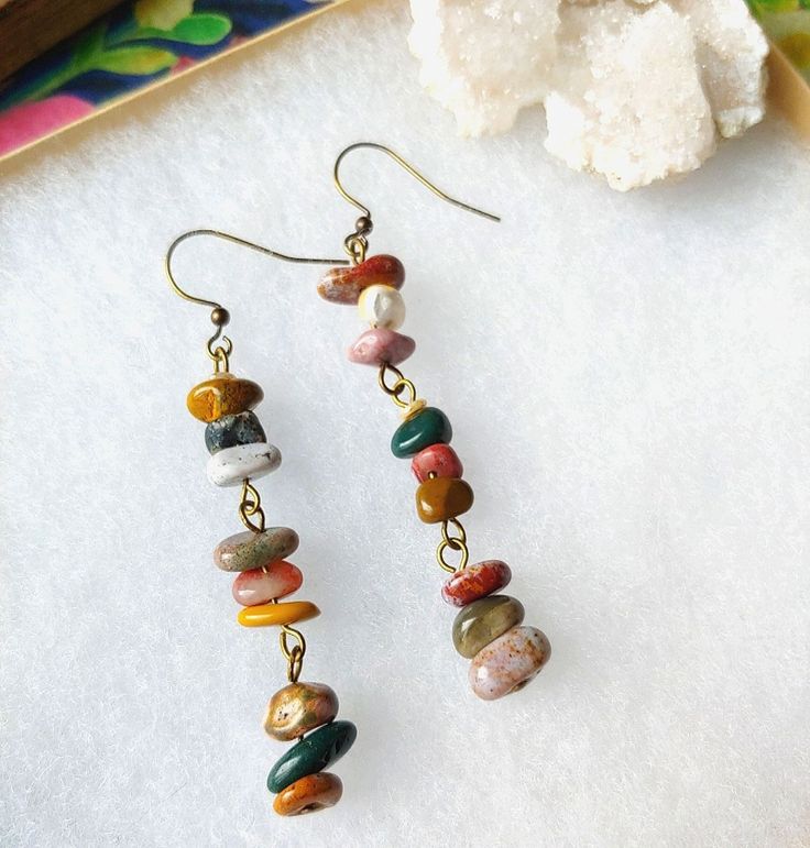 Natural Ocean Jasper Gemstones Randomly Stacked To Show Their Uniqueness Natural - Not Treated In Any Way Neutral & Soothing Color Palette: Many Shades Of Green, Mustard Yellow, White, Lavender, Burgandy & Pale Rose Pink Will Go With Any Outfit! Dress Them Any Which Way You Want Designed & Hand Crafted By Me Find Me On Insta @Issabeau.Jewelry Tags: Bohemian Hippie Bo...#Embrace #Style #with #JewelryLovers #Exploring #Style #Free #Accessories #Spirit #Your #Accessories #Jewelry #Bohemian #Boho Dangle Earrings Beaded, Rock Beads Stone Jewelry, Selling Handmade Jewelry, Fall Bead Jewelry, Beaded Boho Earrings, Trending Handmade Jewelry, Granola Jewelry, Diy Hippie Jewelry, Easy Jewelry Diy