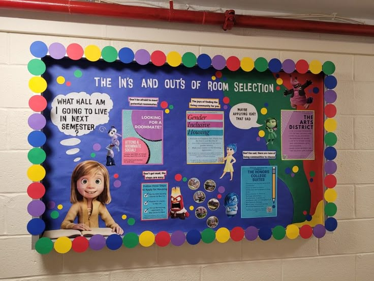 a bulletin board is decorated with colorful polka dots