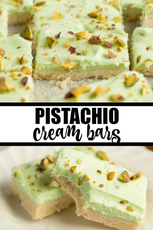 pistachio cream bars are topped with pistachio seeds and served on a white plate