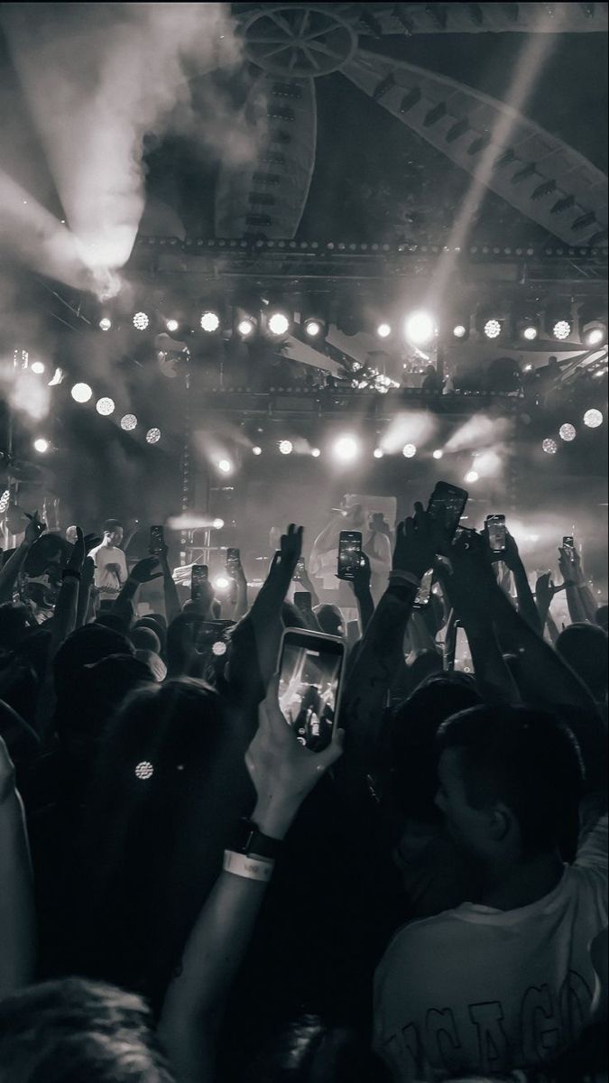 a group of people holding up cell phones in front of a crowd at a concert