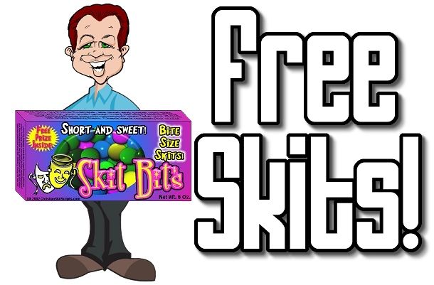 a man holding a box with the words free skits on it