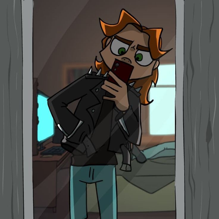 a cartoon character holding a cell phone up to her face while standing in front of a bed