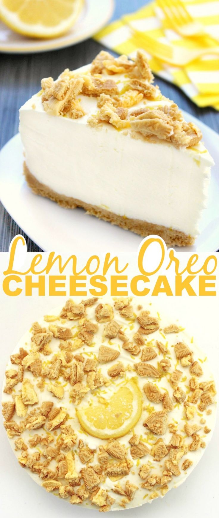 lemon oreo cheesecake on a white plate