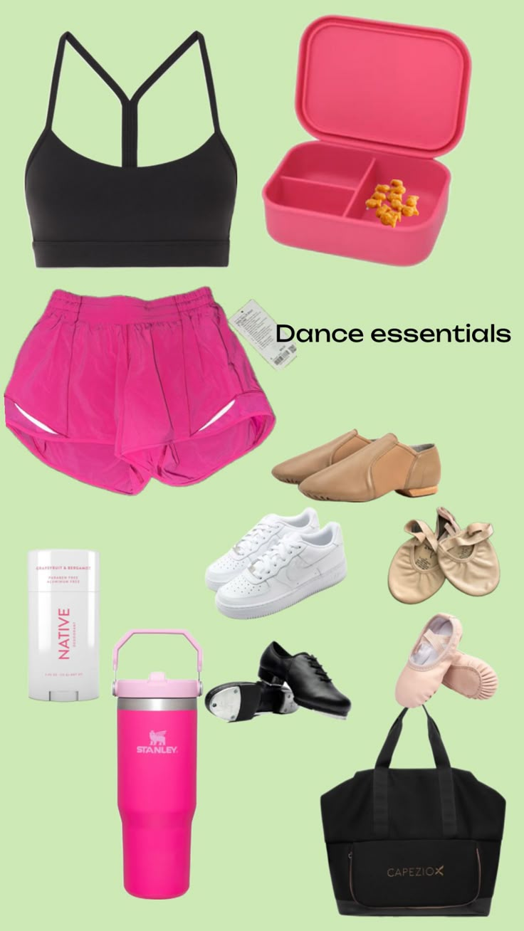 the contents of a pink and black sports bra top, skirt, shoes, tote bag