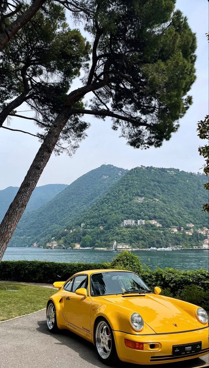 a yellow sports car parked in front of a tree near the water with mountains in the background