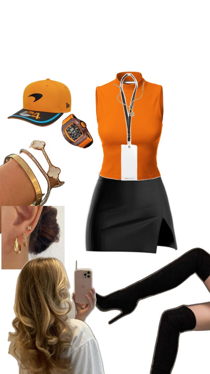 a woman in black and orange outfit with hat, cell phone and other clothing items