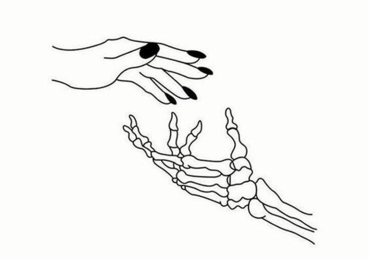 two hands reaching for each other over the top of a skeleton hand with bones on it