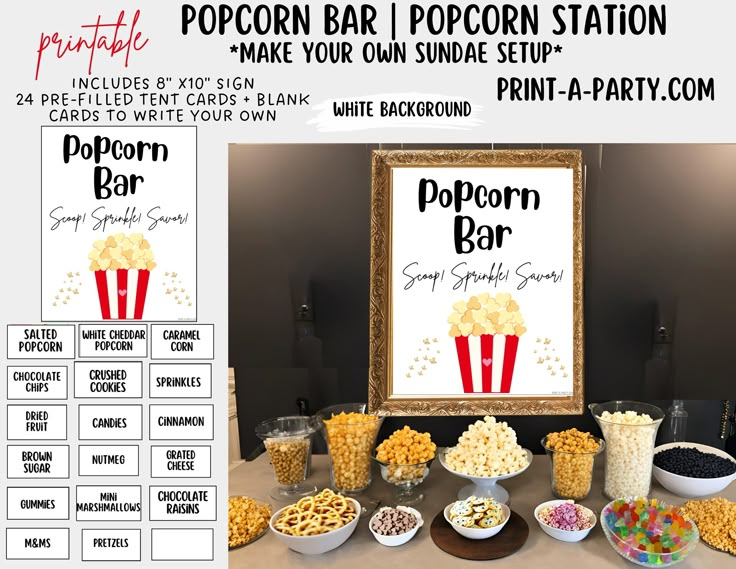 popcorn bar / popcorn station make your own snack set up with free printables