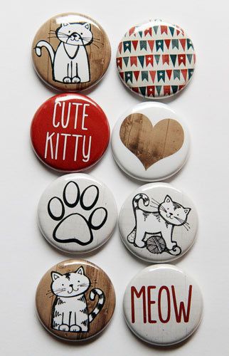 six buttons with different designs on them and the words cute kitty, meow, cat