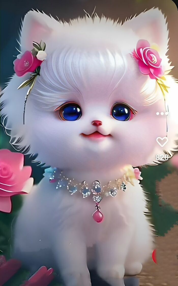 a white cat with blue eyes and pink flowers on its head sitting in front of roses