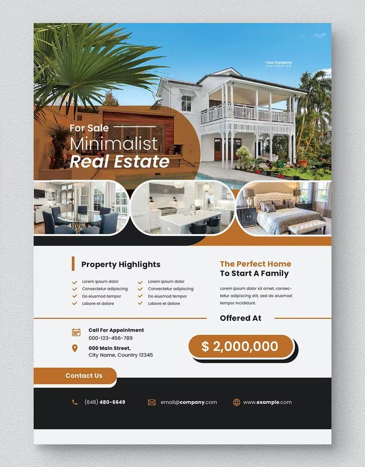 the real estate flyer is shown in orange and black with an image of a house on it