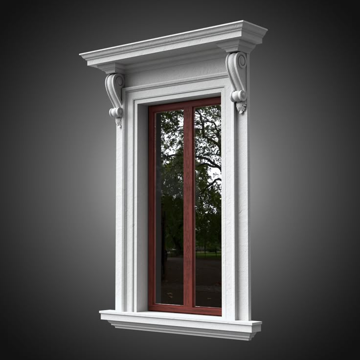 an open window on the side of a white building with red trimmings and columns