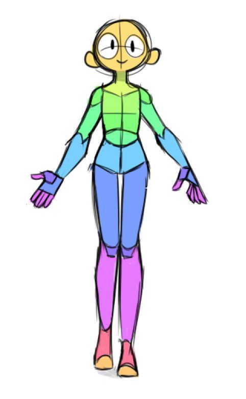 a drawing of a cartoon character with different colored clothes and hands on their hipss