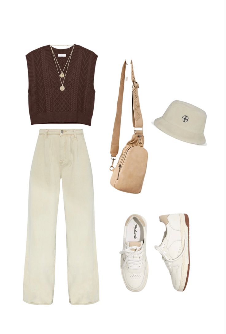 Cream Trousers Outfit, Brown Vest Outfit, Cream Jeans Outfit, Cream Bucket Hat, Cream Pants Outfit, Beige Pants Outfit, Colored Pants Outfits, Corduroy Pants Outfit, Cream Outfit