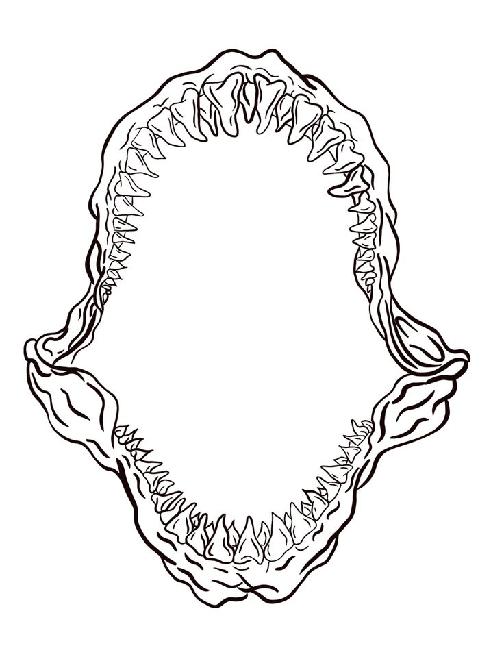 a black and white drawing of a fish's mouth with its teeth open in the shape of a circle